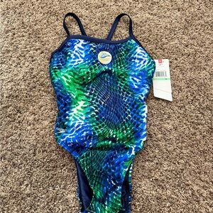 Speedo Women's One-Piece Swimsuit - Blue and Green Pattern